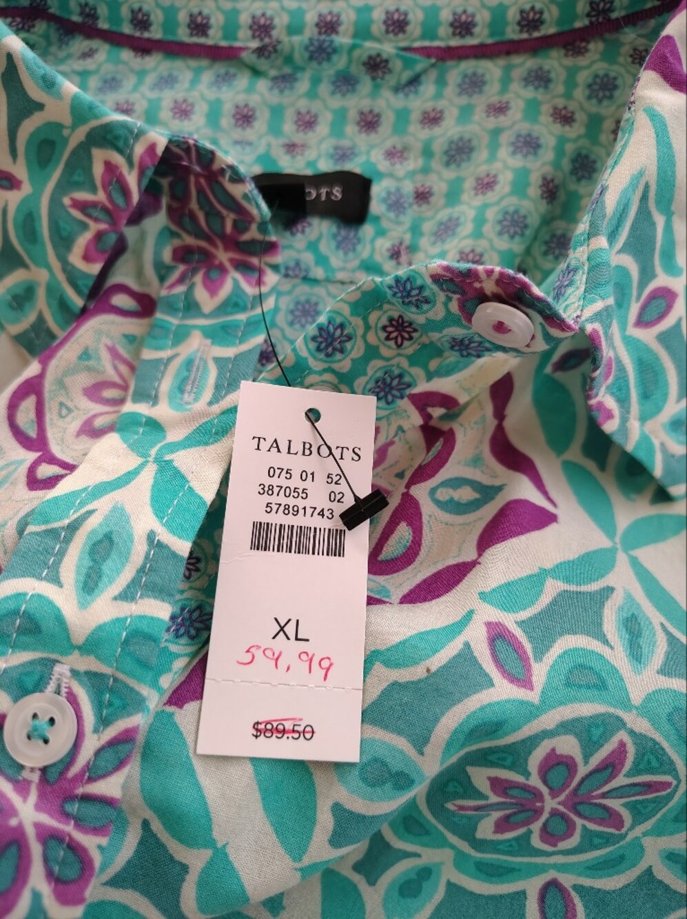 Talbots Turquoise & Purple Patterned Button-Front Blouse - Picture 8 of 8
